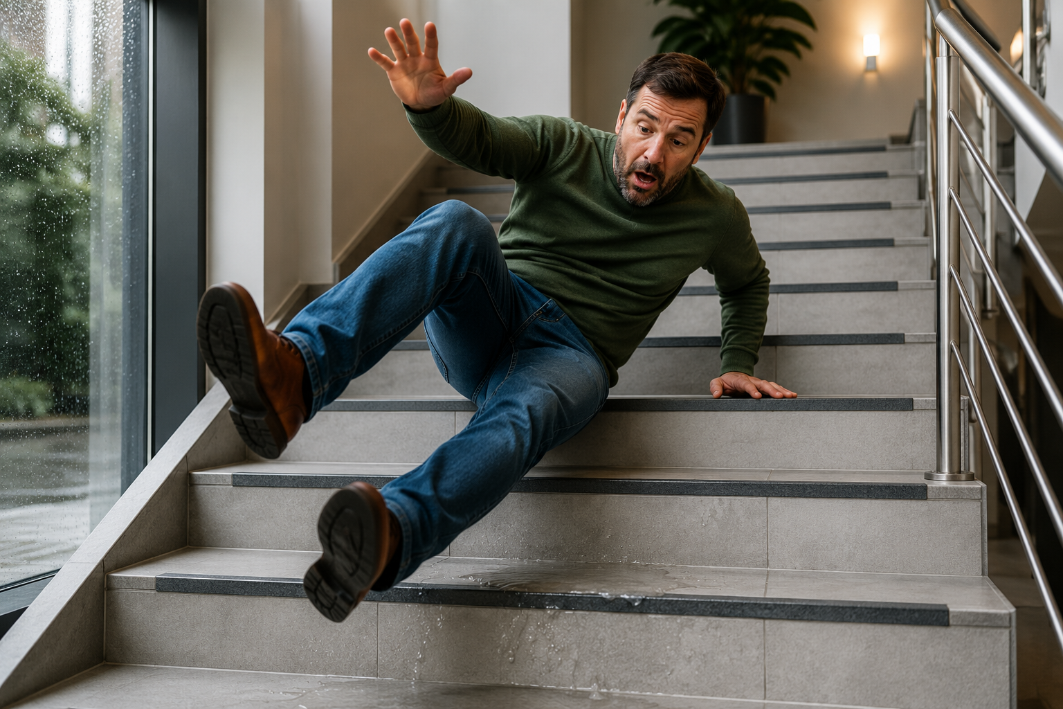 Anti Slip for Stairs. What causes slipping on stairs man slipping on wet patch on stairs to raise awareness for anti-slip for stairs